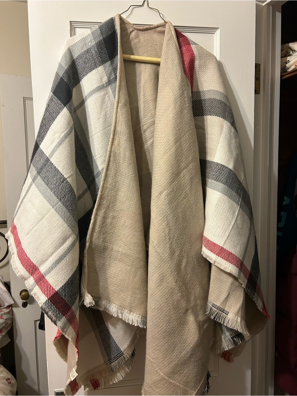 Pretty Persuasions Cream Plaid Wrap with Red and Black Stripes